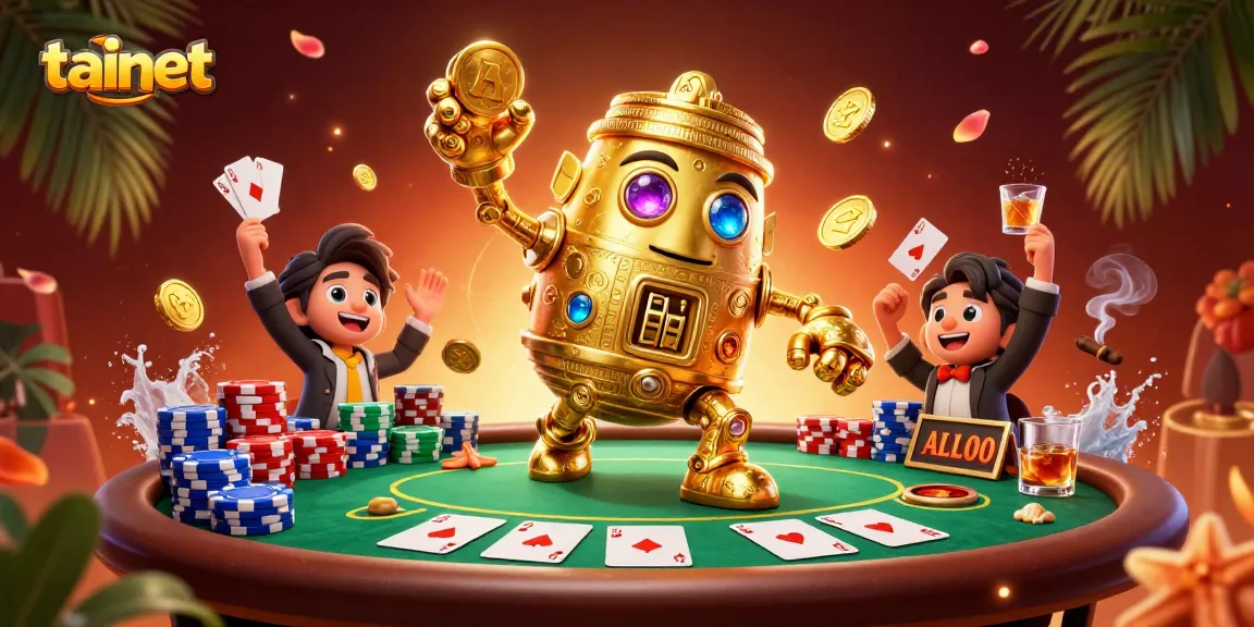 Experience the excitement of tainet with a stunning golden golem surrounded by colorful poker elements.