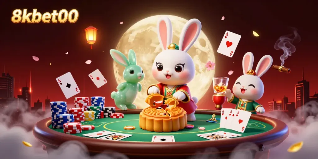 Experience the excitement of 8xbet00 with poker-themed lunar rabbit illustration revealing chips.