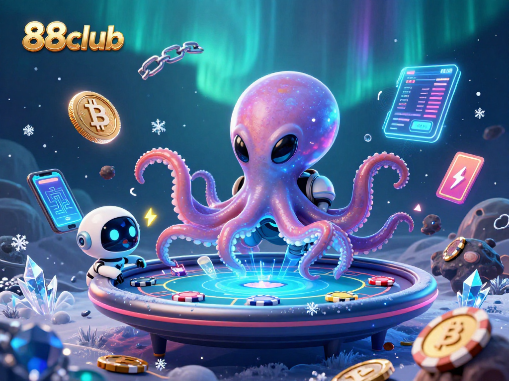 Engage with 88club through exciting alien-themed casino games and crypto elements in a vibrant scene.