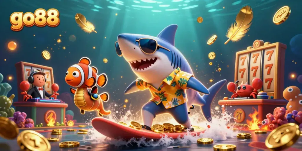 Experience go88 casino excitement with unique characters surfing on gold coins amidst vibrant visuals.