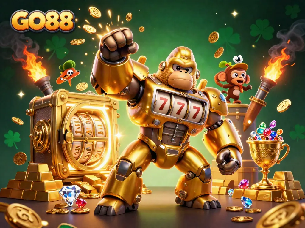 Experience thrilling wins at GO88 with a golden mech smashing through slot machine treasures and gems.