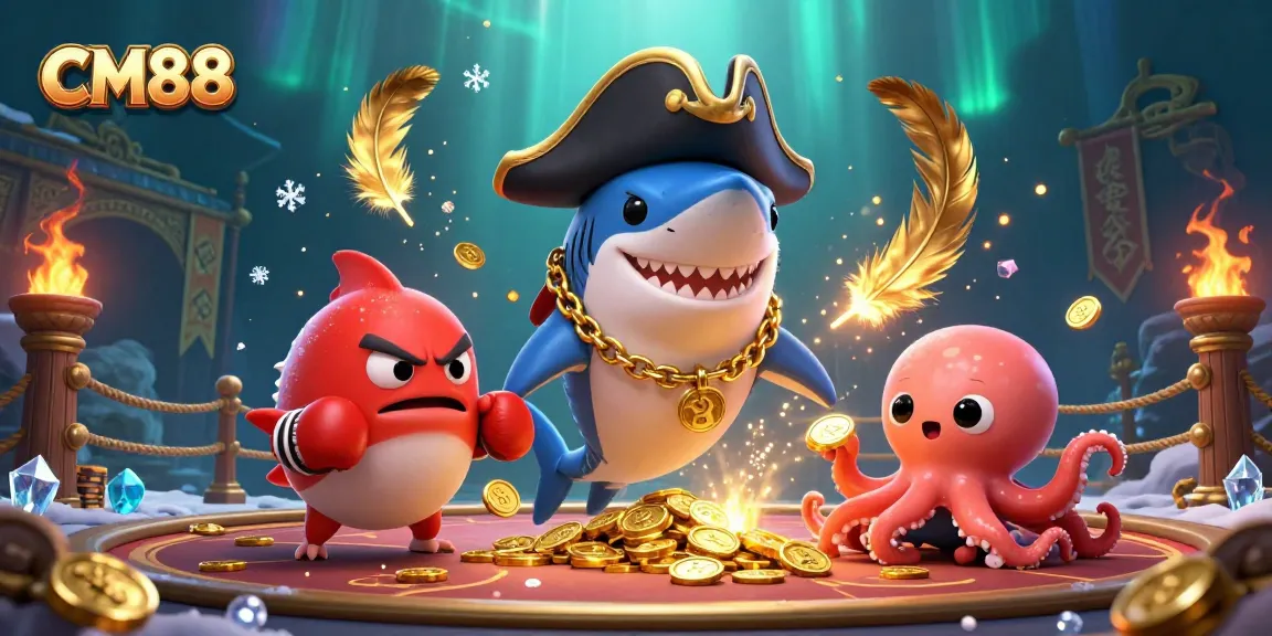 Experience the thrill of CM88 with a 3D cartoon scene featuring a pirate shark and friends holding gold coins.