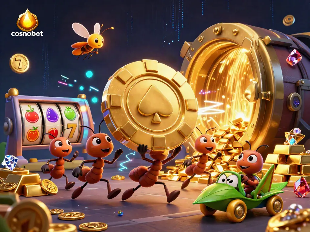Cosmobet ants execute a heist for a massive poker chip amidst slot reels and gold treasures.