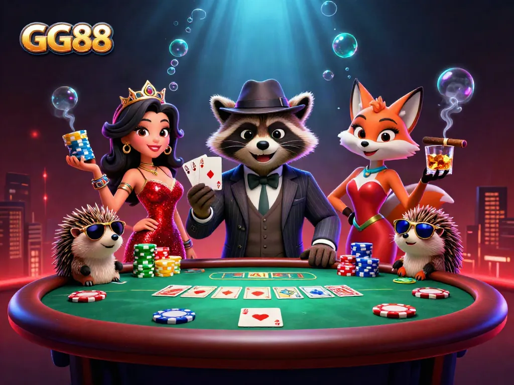 Experience GG88's vibrant casino scene featuring a raccoon in a suit holding a royal flush.