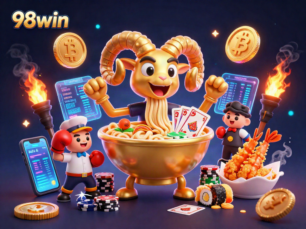Engage in thrilling gaming adventures with 98win, featuring vibrant characters and exciting casino elements.