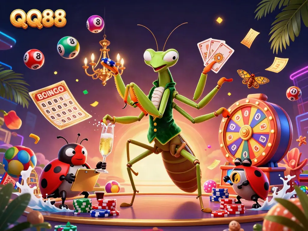 Experience the excitement of QQ88 with a vibrant casino scene featuring animated characters and dynamic gambling elements.
