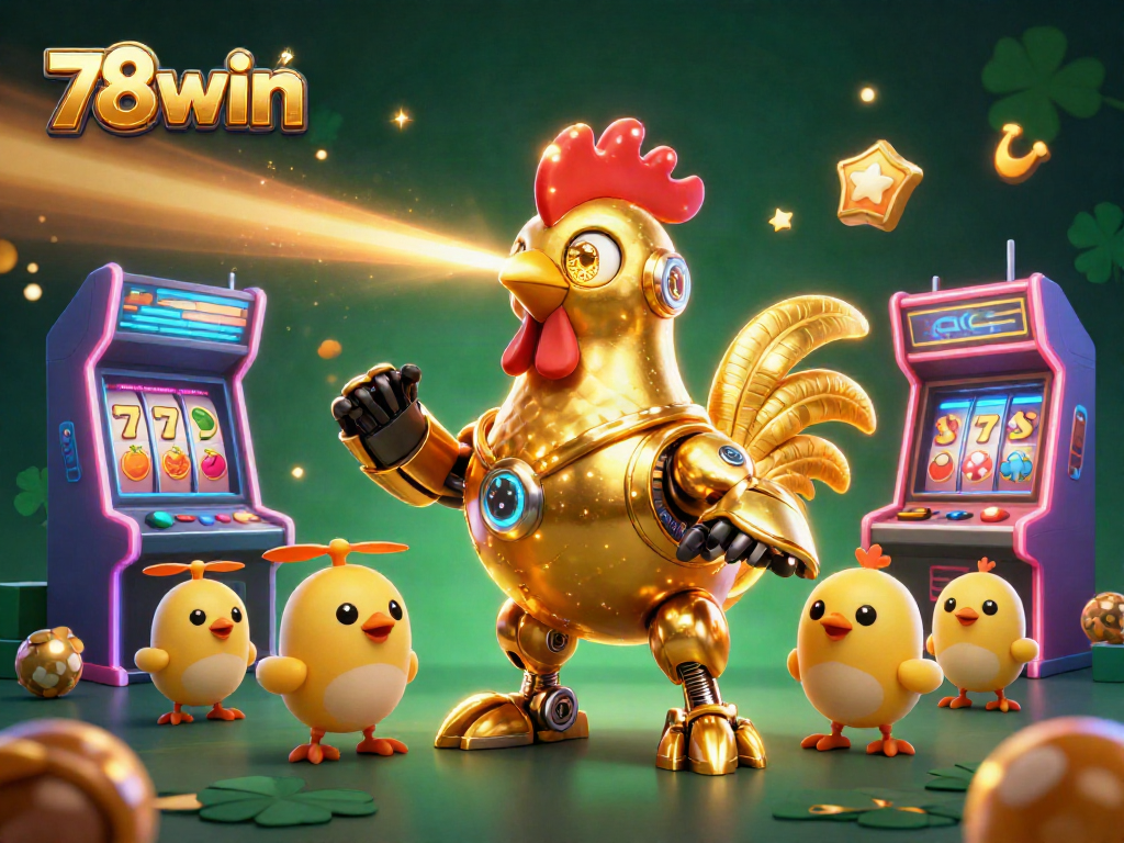 Engage with 78win's exciting casino experience featuring a golden rooster robot and gaming fun.