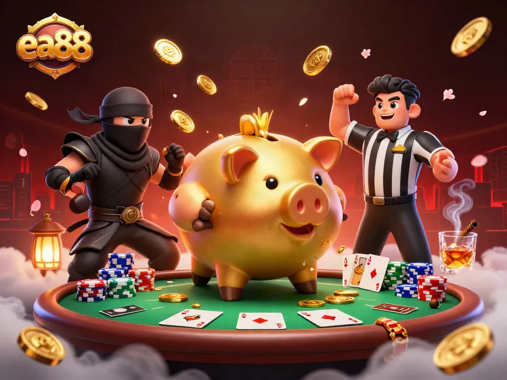 Experience thrilling gameplay at ea88 with a golden piggy bank sumo wrestler surrounded by vibrant casino elements.