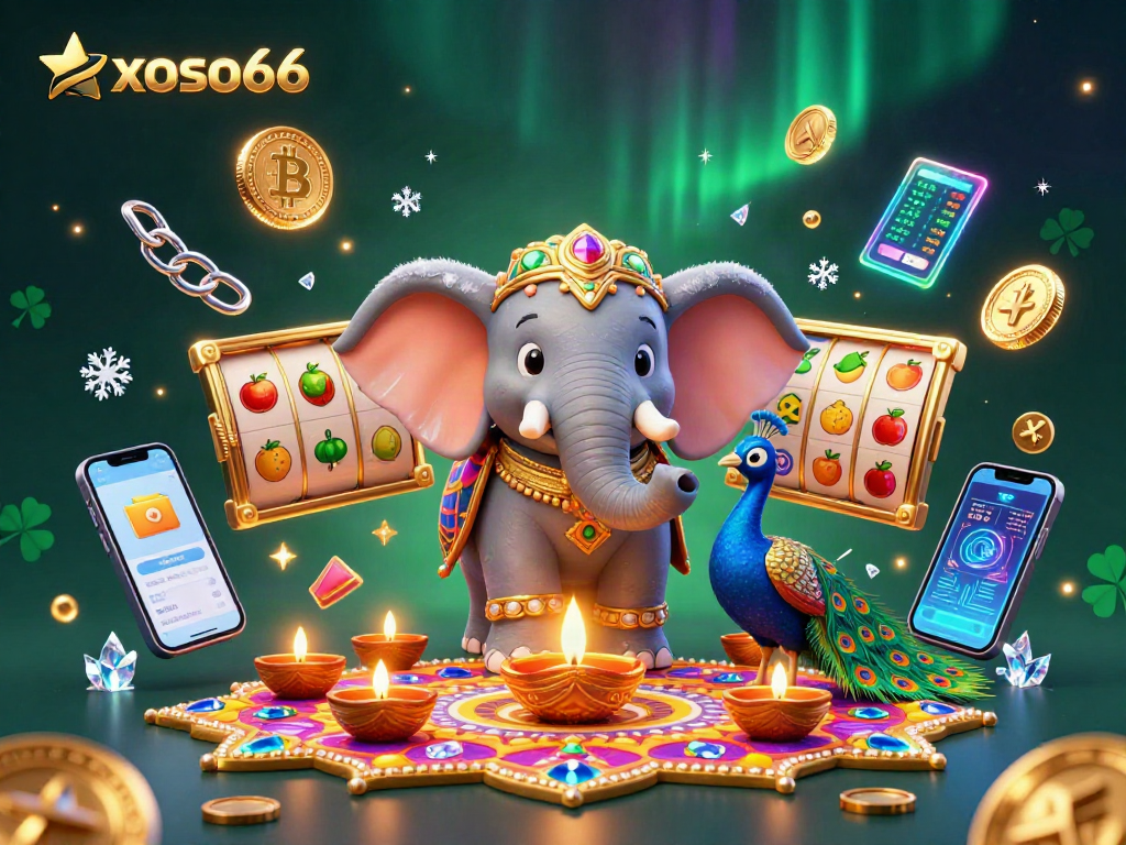 Experience the thrill of xoso66 with vibrant slot reels and winning symbols amidst a festive scene.