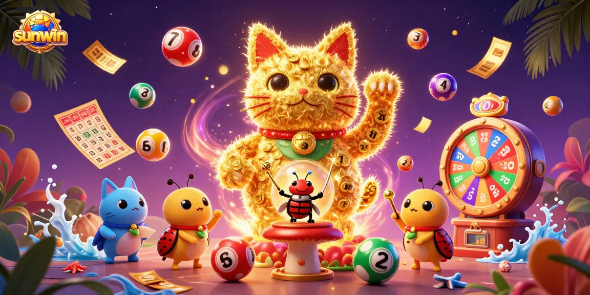 Experience exciting gaming with sunwin's vibrant lucky cat and lotto symbols in a 3D illustration.