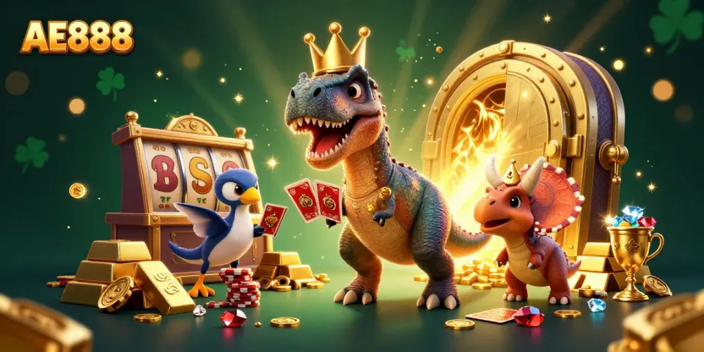 AE888 casino scene featuring T-Rex shuffling cards, jackpot slot reels, and golden treasures.