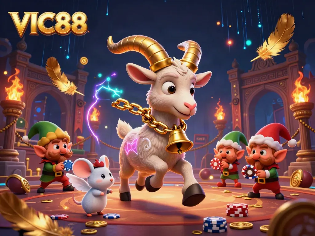 VIC88 showcases festive casino fun with Krampus, an angel mouse, and naughty elves stealing poker chips.