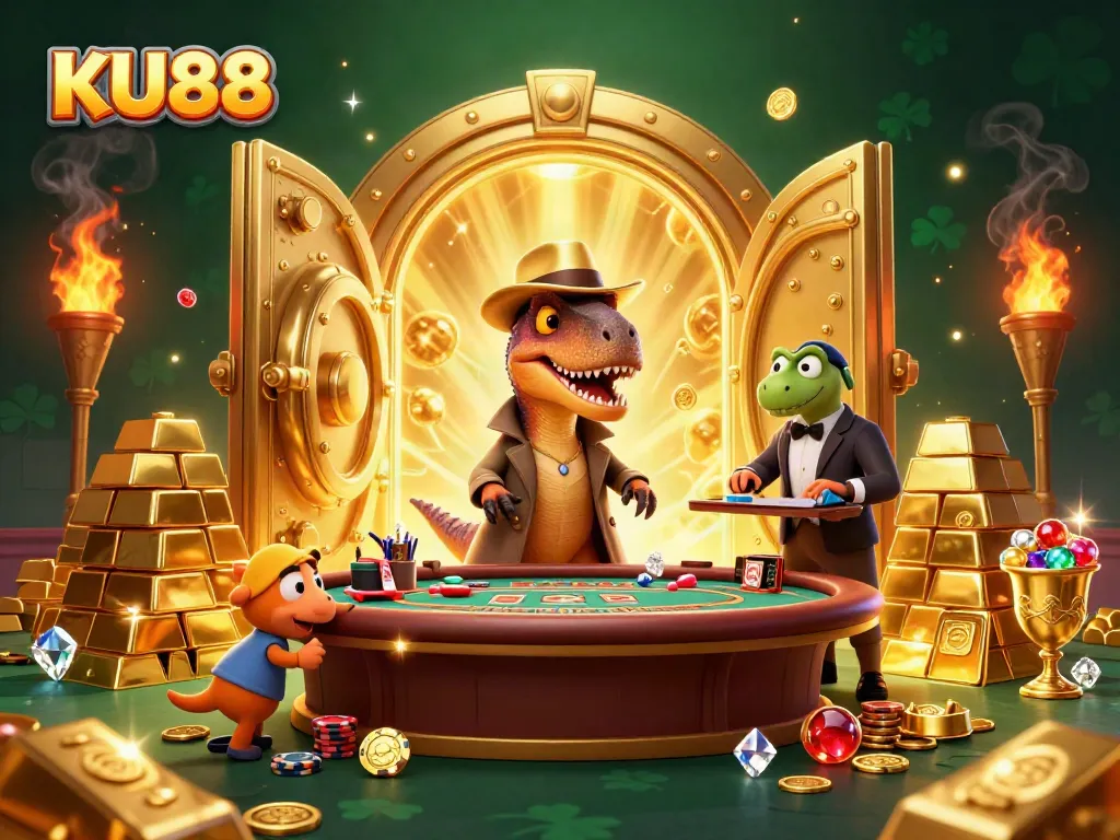 KU88 offers exciting gameplay with a velociraptor and stegosaurus in a thrilling casino scene.