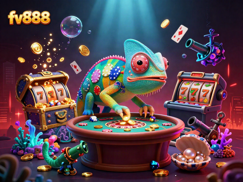 Engage with the unique experiences at fv888, featuring vibrant casino elements and a charming chameleon owner.