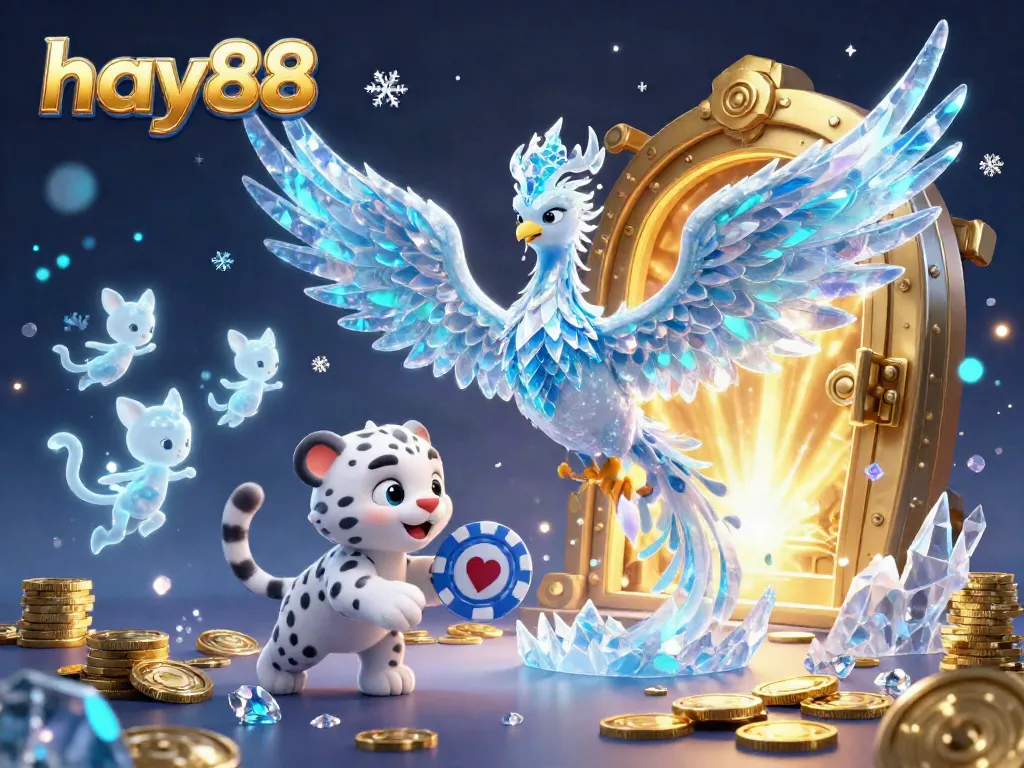 Spin to win on hay88 with a sparkling illustration of an ice phoenix amidst treasures.