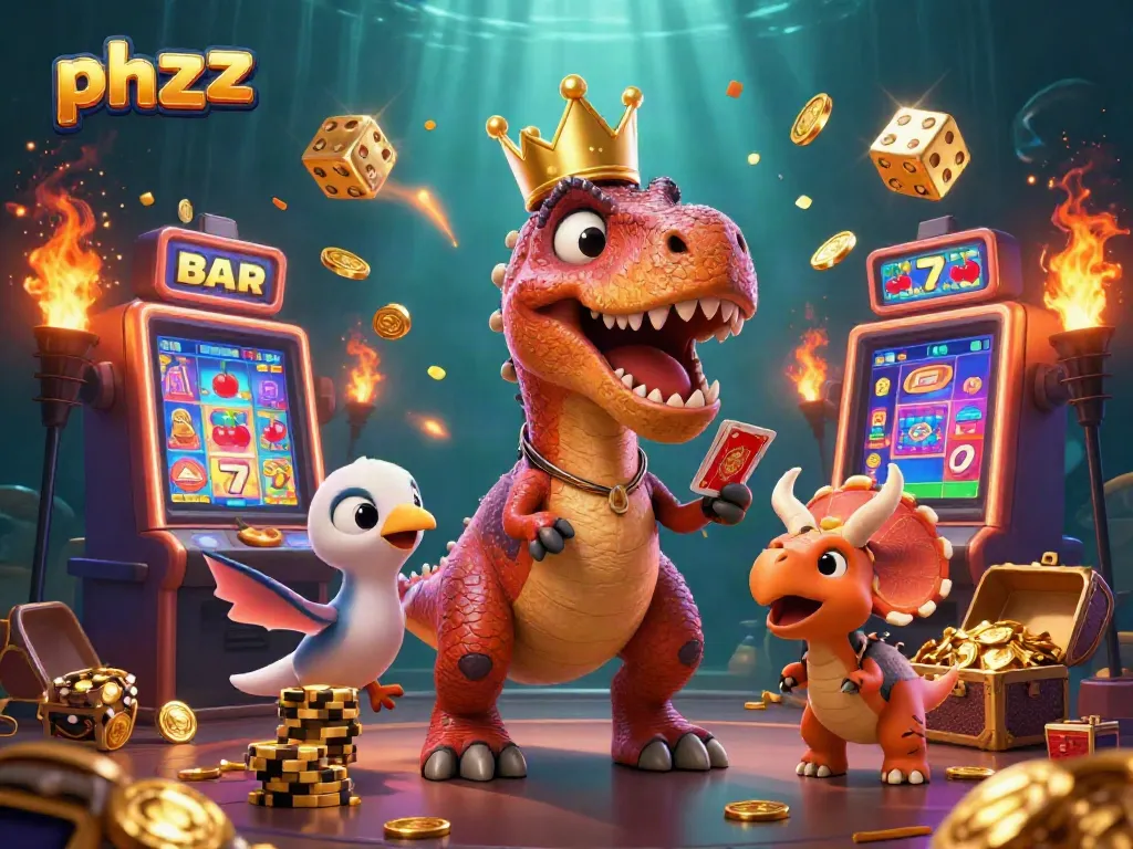Experience big wins with phzzz in this vibrant casino-themed 3D scene featuring playful dinosaurs.