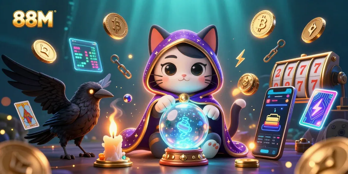 Engage in thrilling gaming with 88M, featuring a mystic cat, raven, and vibrant gambling elements.