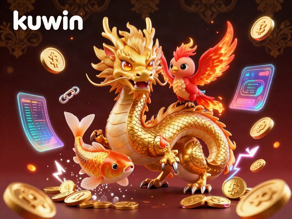 Engage with kuwin's casino magic through a vibrant 3D illustration featuring iconic symbols of luck and wealth.