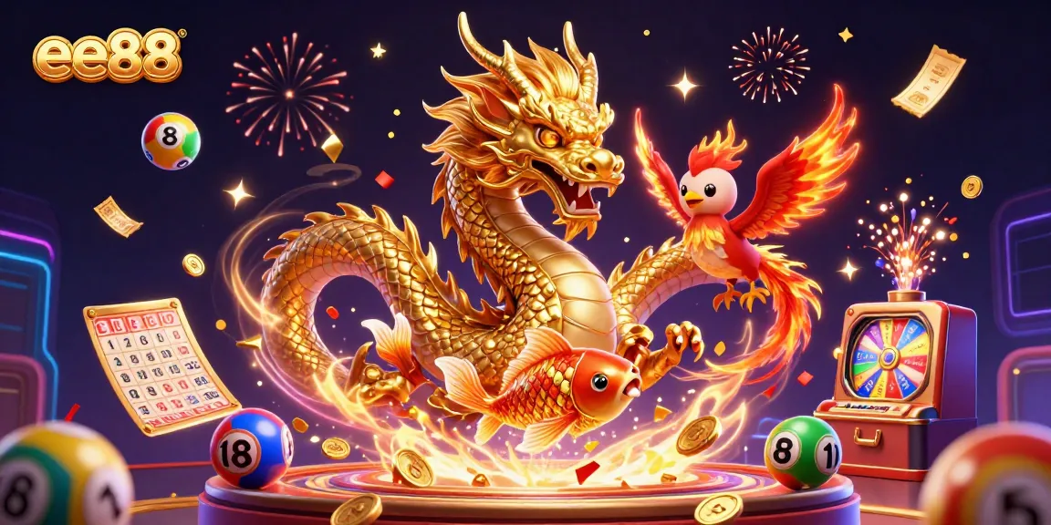 Engage with thrilling games at ee88 featuring vibrant dragons, phoenixes, and coins raining down.