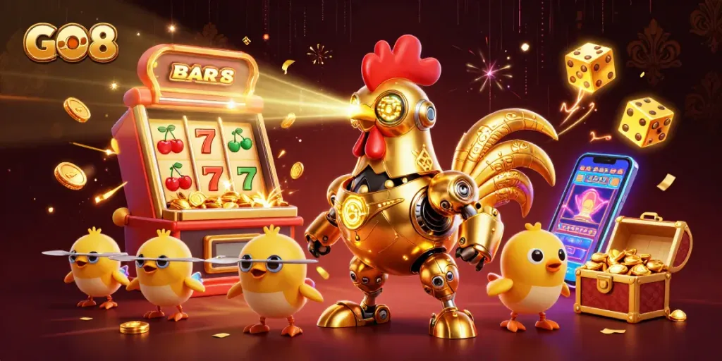 Experience the excitement of GO8 with futuristic characters in a vibrant casino scene.