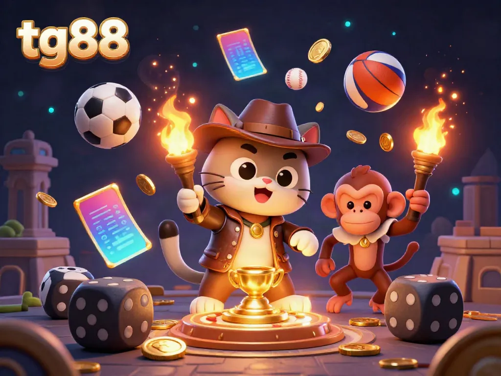 Engage with tg88's vibrant casino adventure, featuring a cat archaeologist and monkey in dynamic play.