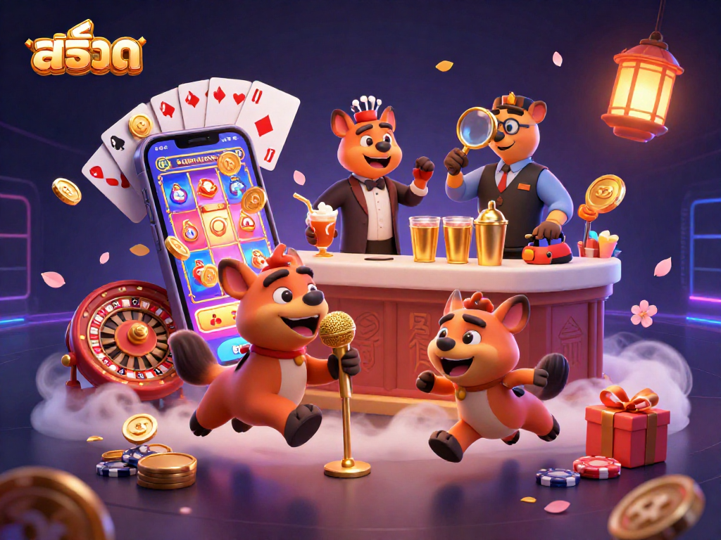 สล็อต animated hyenas performing in a vibrant comedy casino with engaging slot game elements around.