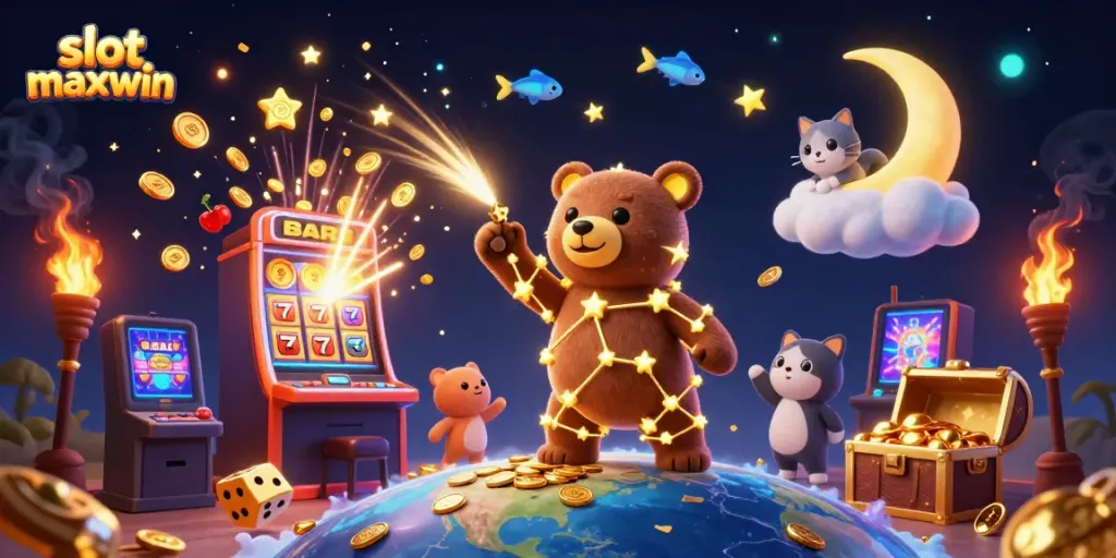 Experience the excitement of slot maxwin with golden stars, jackpots, and vibrant gaming elements in 3D.