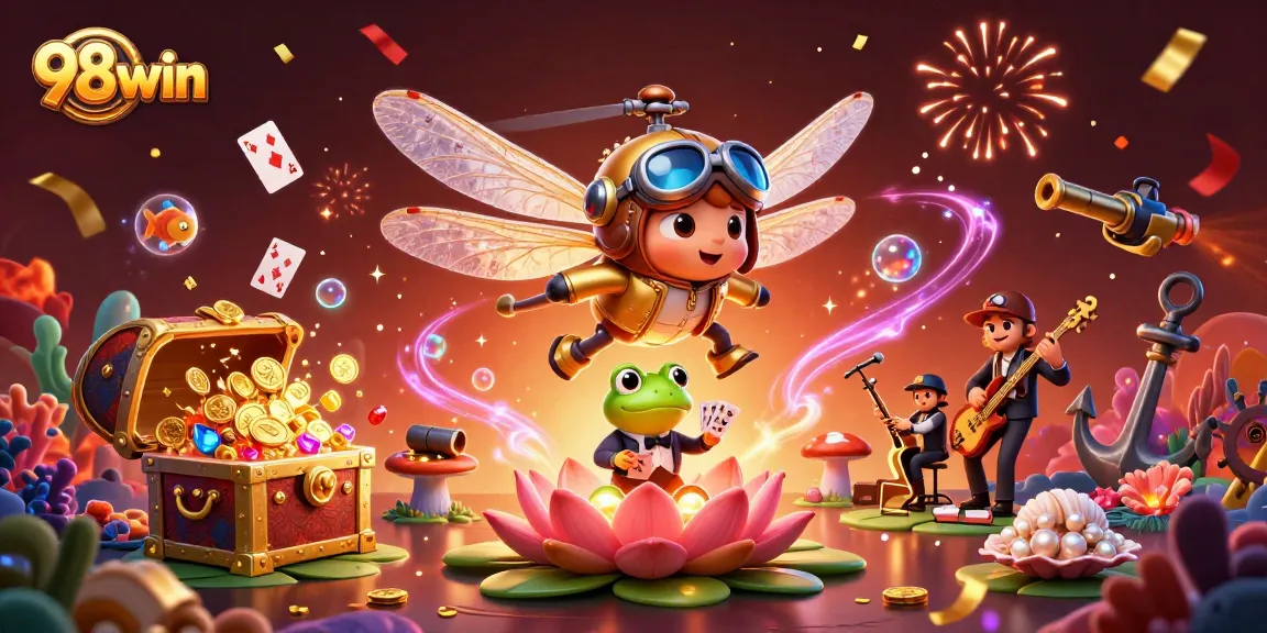 Engage with 98win at a vibrant casino scene featuring a dragonfly pilot and frog croupier.