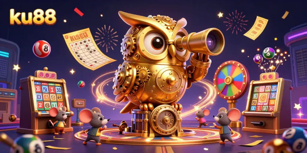 Experience ku88 excitement with a golden owl overseeing a dynamic casino filled with captivating games.