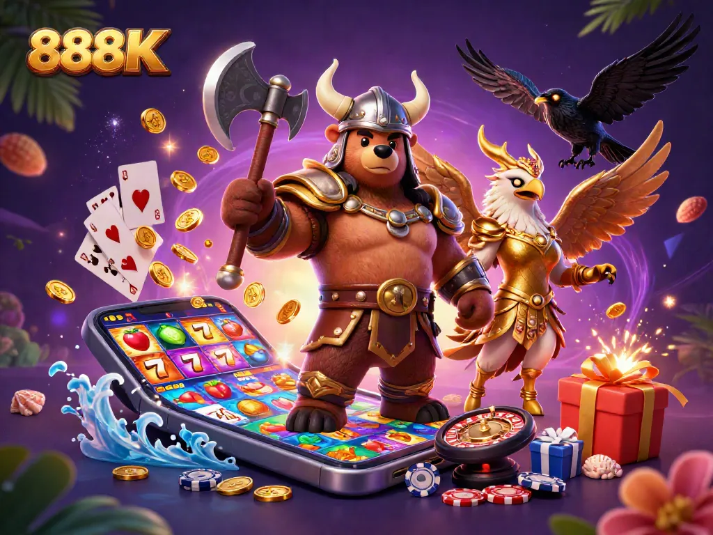 Experience the vibrant excitement of 888K slots with Viking bear and Valkyrie in action.
