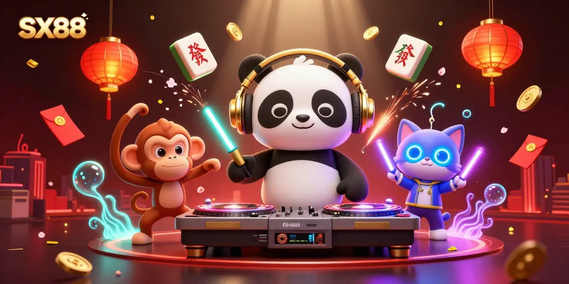 SX88-themed illustration featuring a DJ panda, dancing monkey, and glowing kitten surrounded by casino elements.