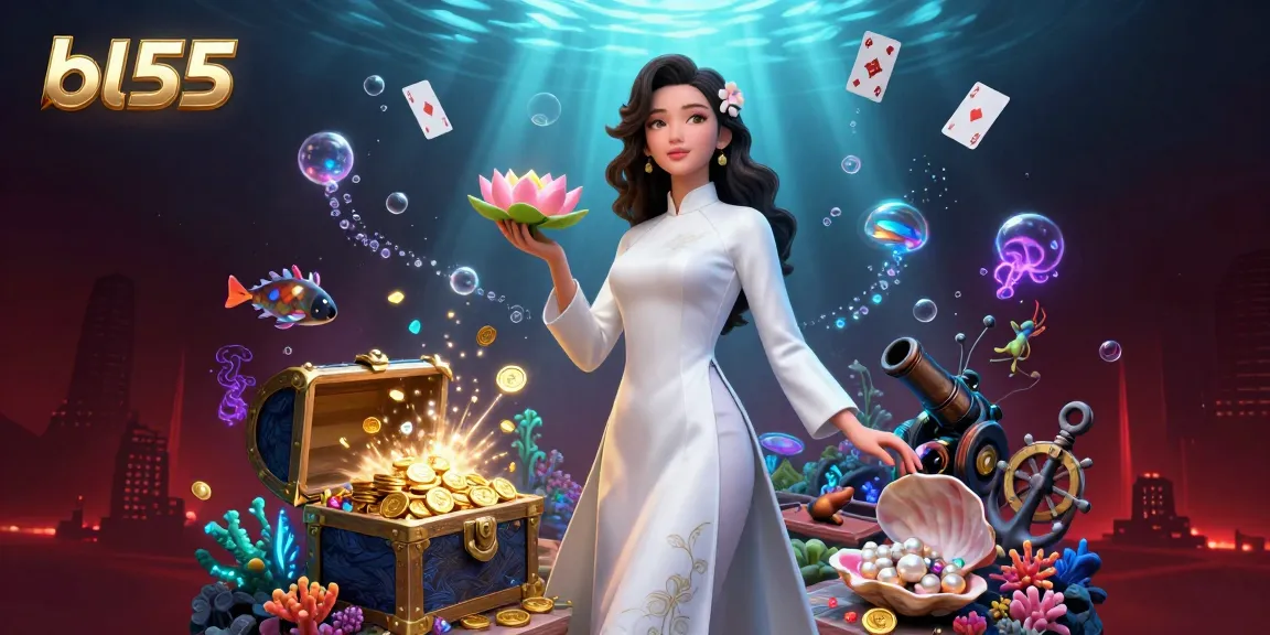 Experience the elegance of bl55 as a serene Asian woman interacts with a vibrant underwater casino scene filled with treasure.