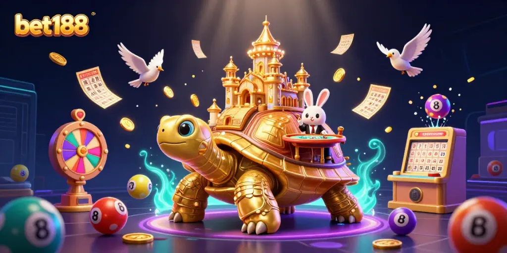 Play exciting games at bet188 with a captivating golden tortoise casino scene featuring lucky elements.
