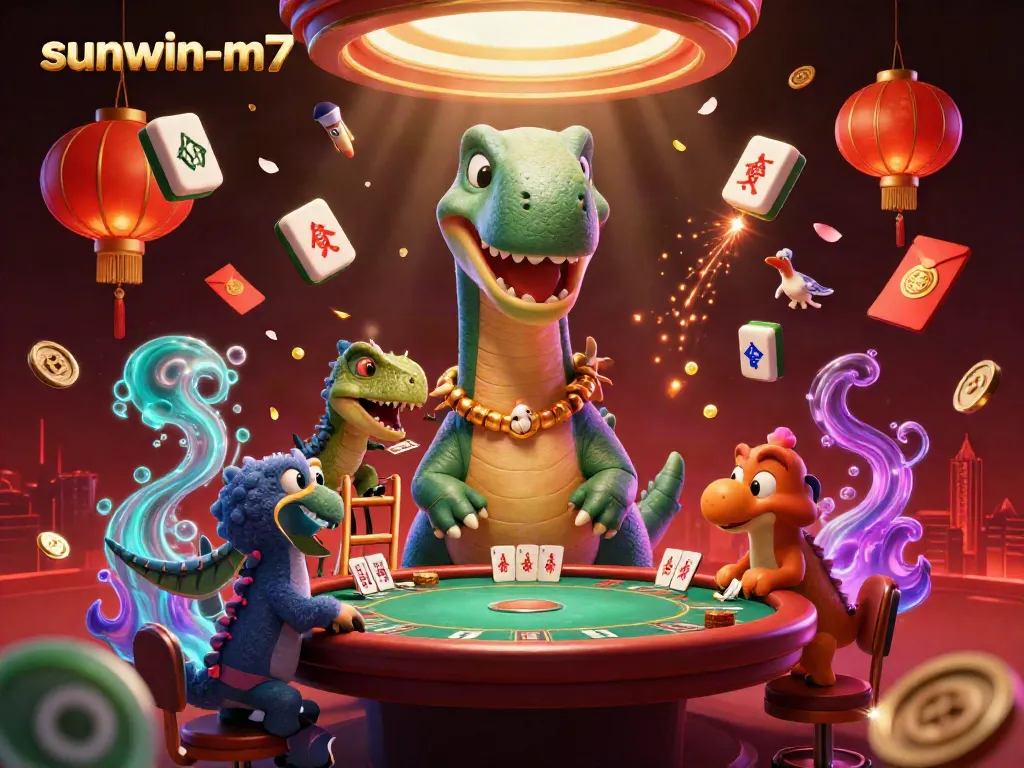 Experience the excitement of sunwin-m7 with a whimsical casino illustration featuring a giant dinosaur.