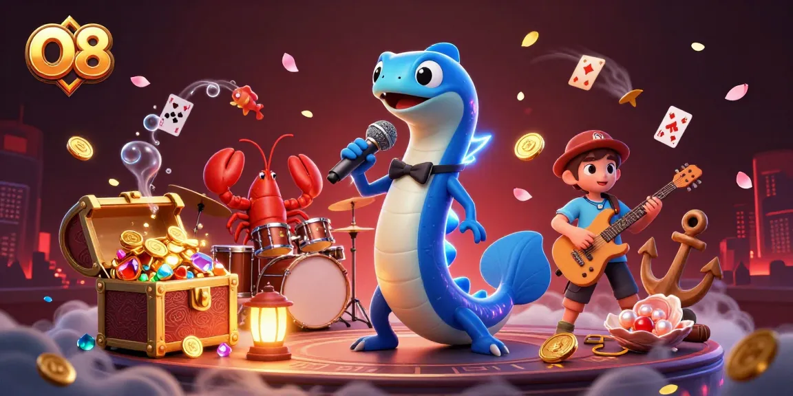Vibrant underwater casino scene featuring O8's electric eel DJ and band, showcasing gaming excitement.