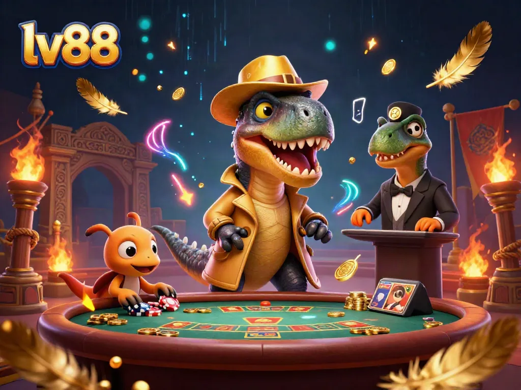 Players enjoy lively action at lv88 casino with vibrant characters in a dramatic setting.