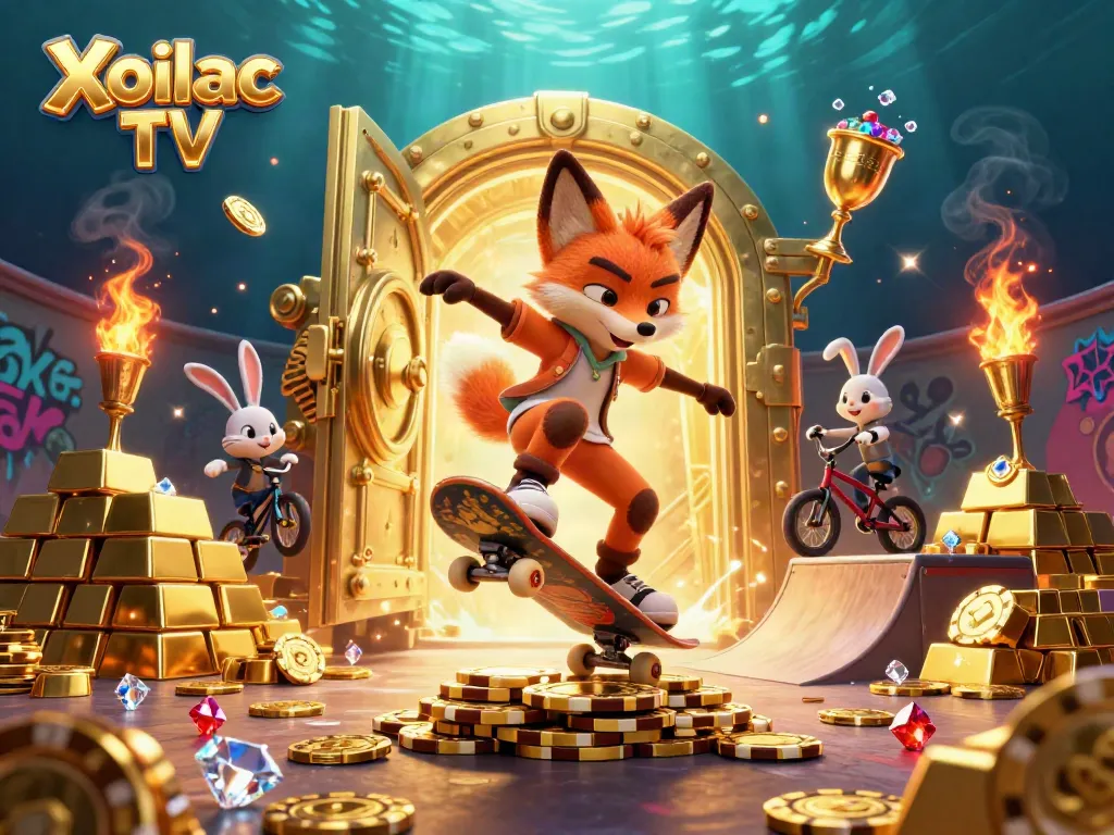Experience the excitement of Xoilac TV with vibrant casino-themed 3D illustration featuring a skateboarder fox.