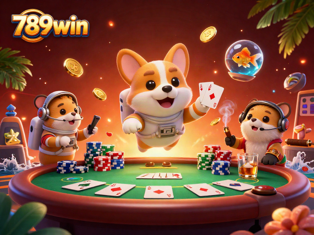 Engage with 789win in a vibrant space-themed casino scene with playful characters and games.