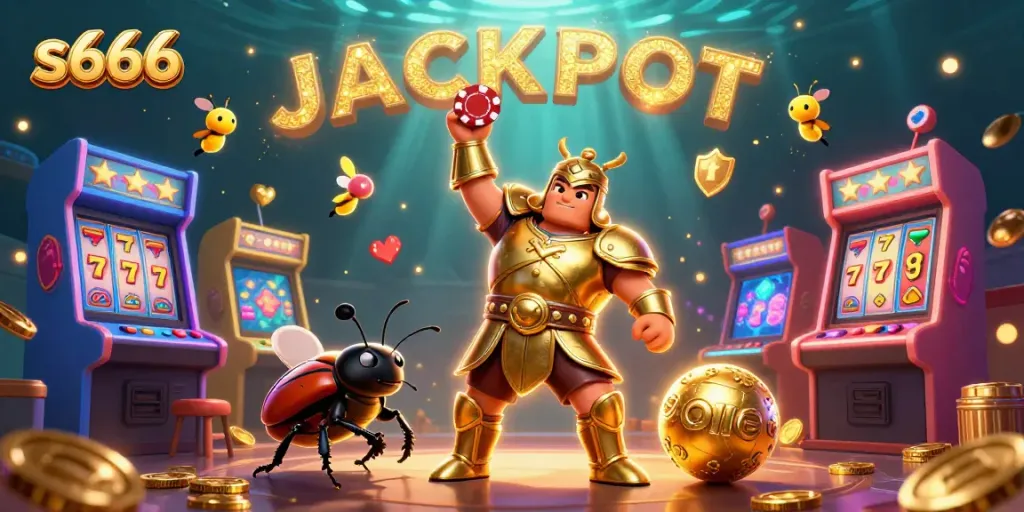 Experience the thrill of s666 as beetles celebrate a big poker win surrounded by festive gaming elements.