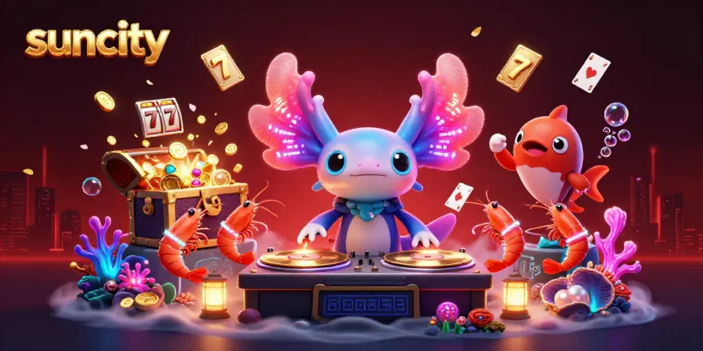 Experience vibrant casino energy with a neon axolotl DJ and friends spinning winning slot reels in a revolutionary graphic.