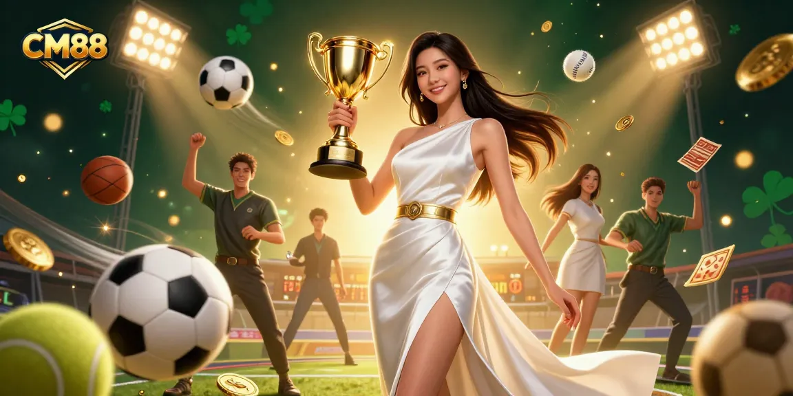 Experience thrilling gameplay with CM88, showcasing a victorious woman celebrating a jackpot victory in a vibrant casino scene.