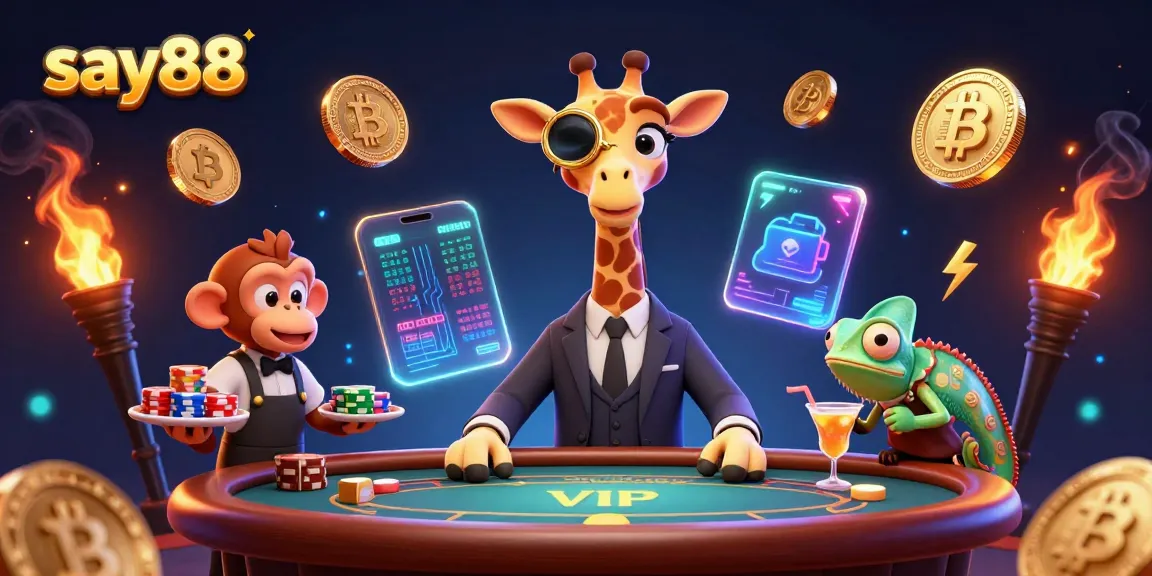 Experience thrilling games at say88 as the high-roller giraffe plays poker amidst dazzling crypto coins.