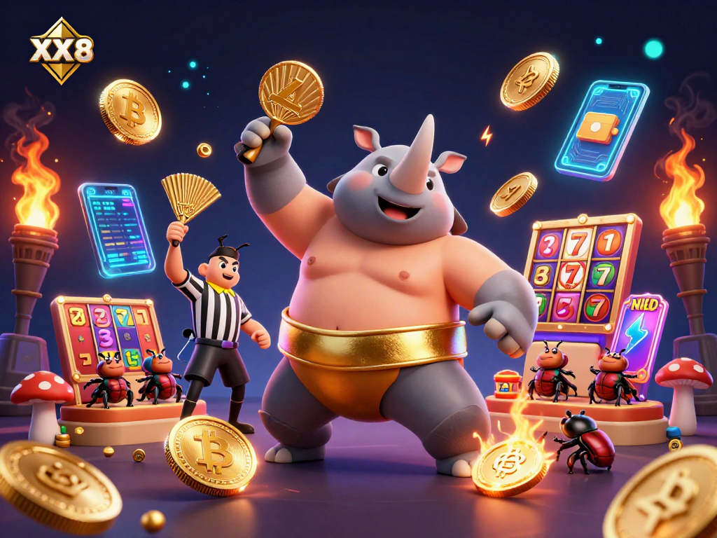 Witness the XX 8 sumo champion beetle winning with gleaming coins in a dynamic casino scene.