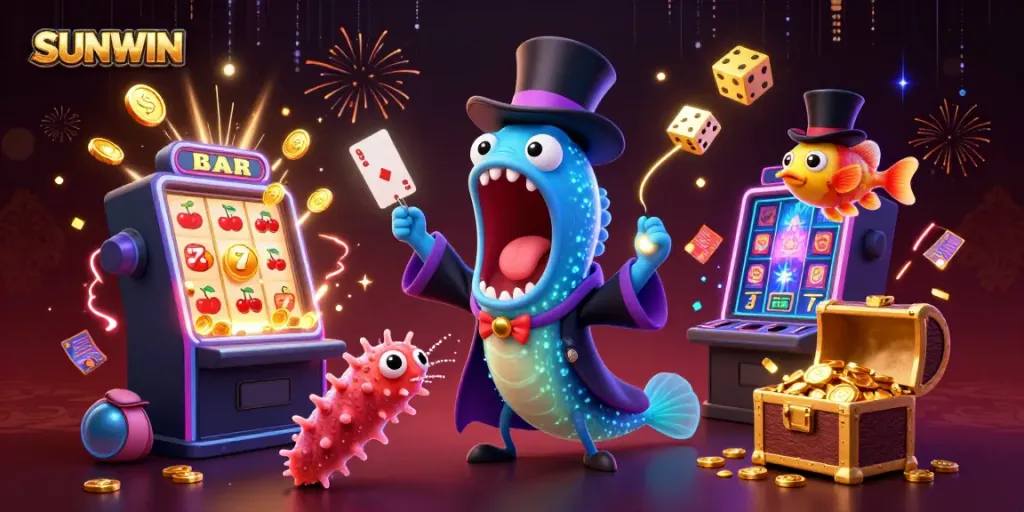 SUNWIN showcases a magical undersea casino scene with vibrant characters around a jackpot slot machine.
