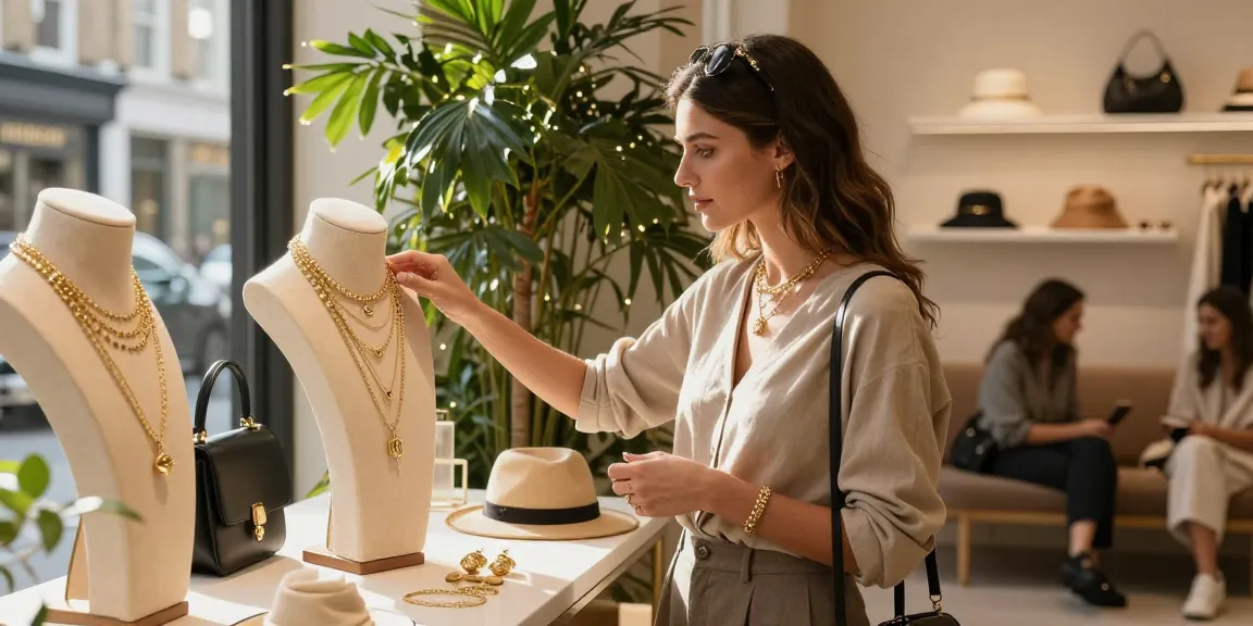 Showcasing delicate gold jewellery UK in an urban boutique setting, capturing elegance and style.