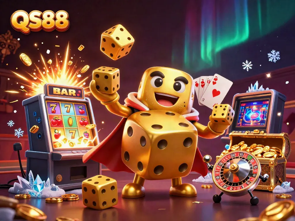 Experience the excitement of QS88 with colorful 3D illustrations of casino elements and characters.