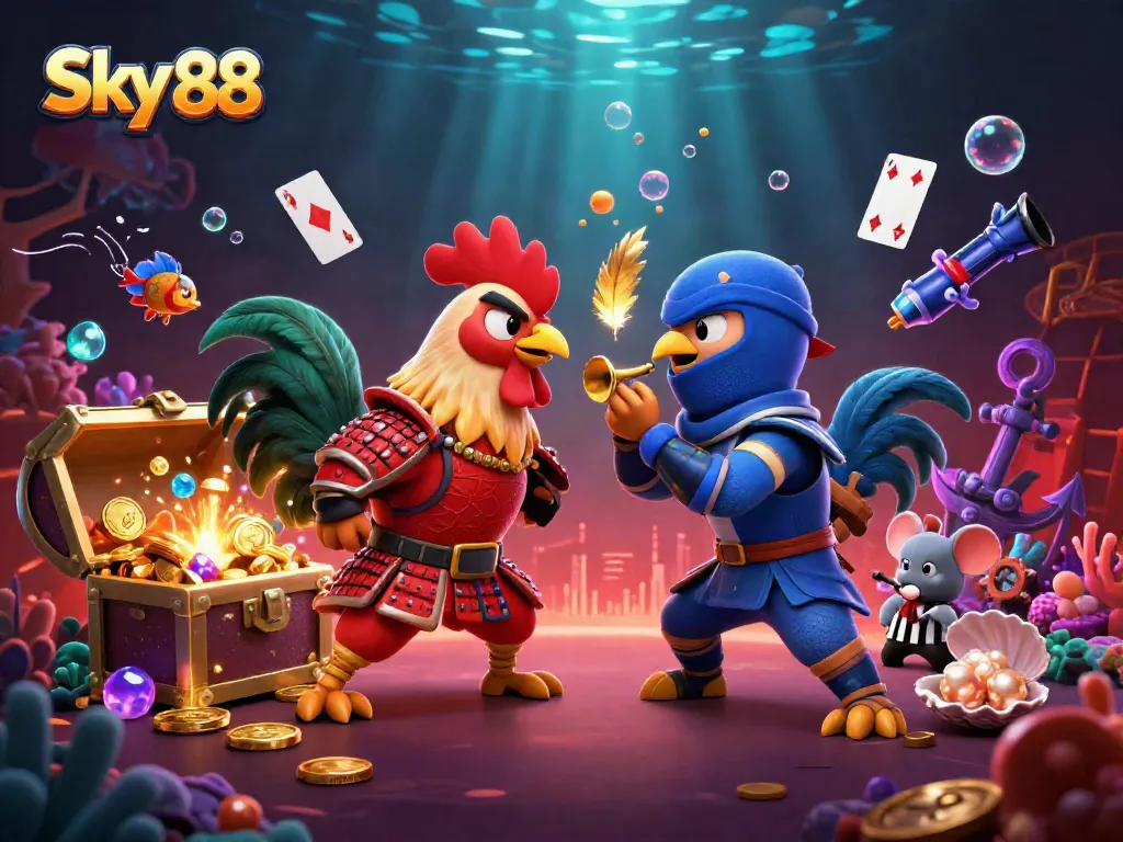 Engage with Sky 88 in a vibrant 3D illustration of rival cartoon roosters and treasure elements.