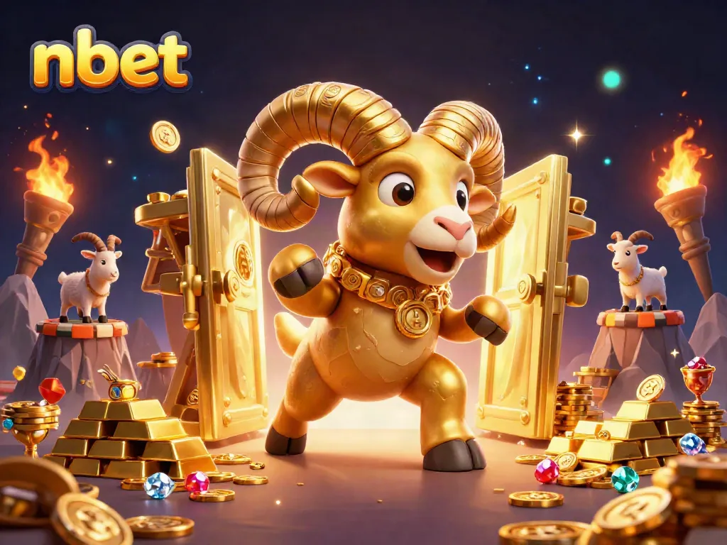 Experience thrilling nbet gaming with a golden ram charging through a vault of treasures and riches.
