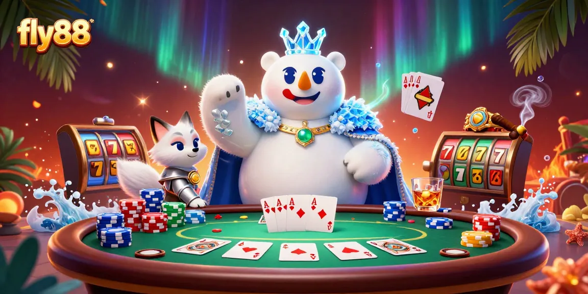 Experience the excitement of fly88 with a dynamic 3D casino scene featuring an ice king polar bear and snow fox.