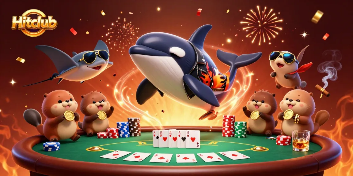 Hitclub players enjoying wins with golden coins at a vibrant, celebratory scene around poker elements.